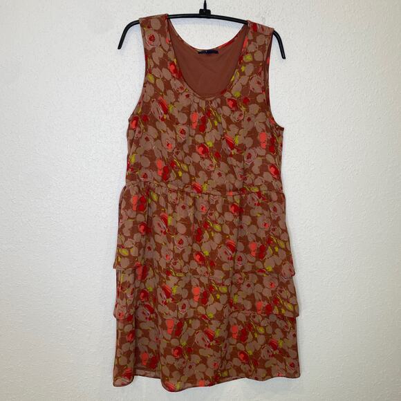 Gap Tiered Hem Floral Abstract Dress Sz Sm Midi Polyester Casual Round Neck - Picture 1 of 15